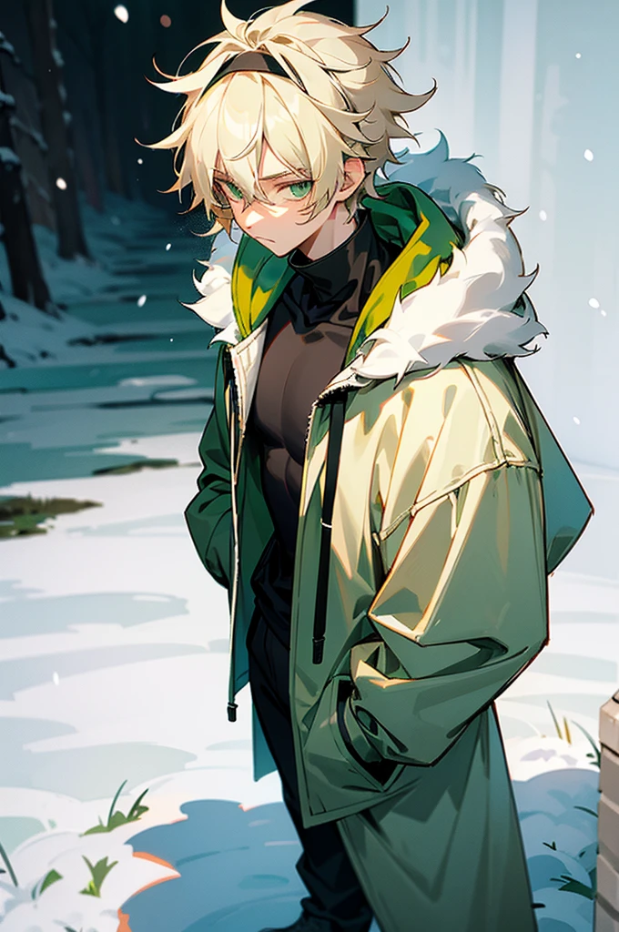 1male , White Headband , Blonde Messy Hair , Green Eyes , Black Turtleneck , Black Fitted Hoodie ,Green Fur Hood , Calm Expression , Young Male , Standing on path , Snowy Background