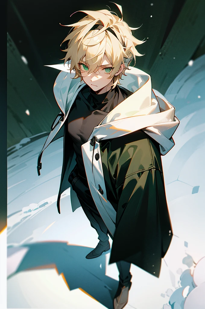 1male , White Headband , Blonde Messy Hair , Green Eyes , Black Turtleneck , Black Fitted Hoodie ,Green Fur Hood , Calm Expression , Young Male , Standing on path , Snowy Background