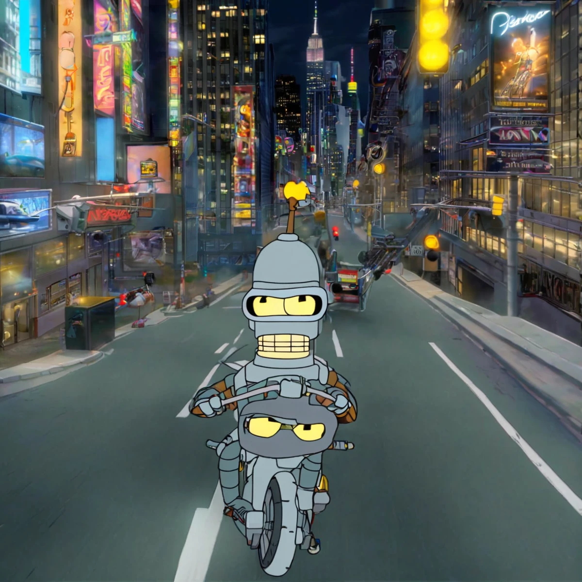 Bender riding on Motorcycle cross road in New York City at Midnight
