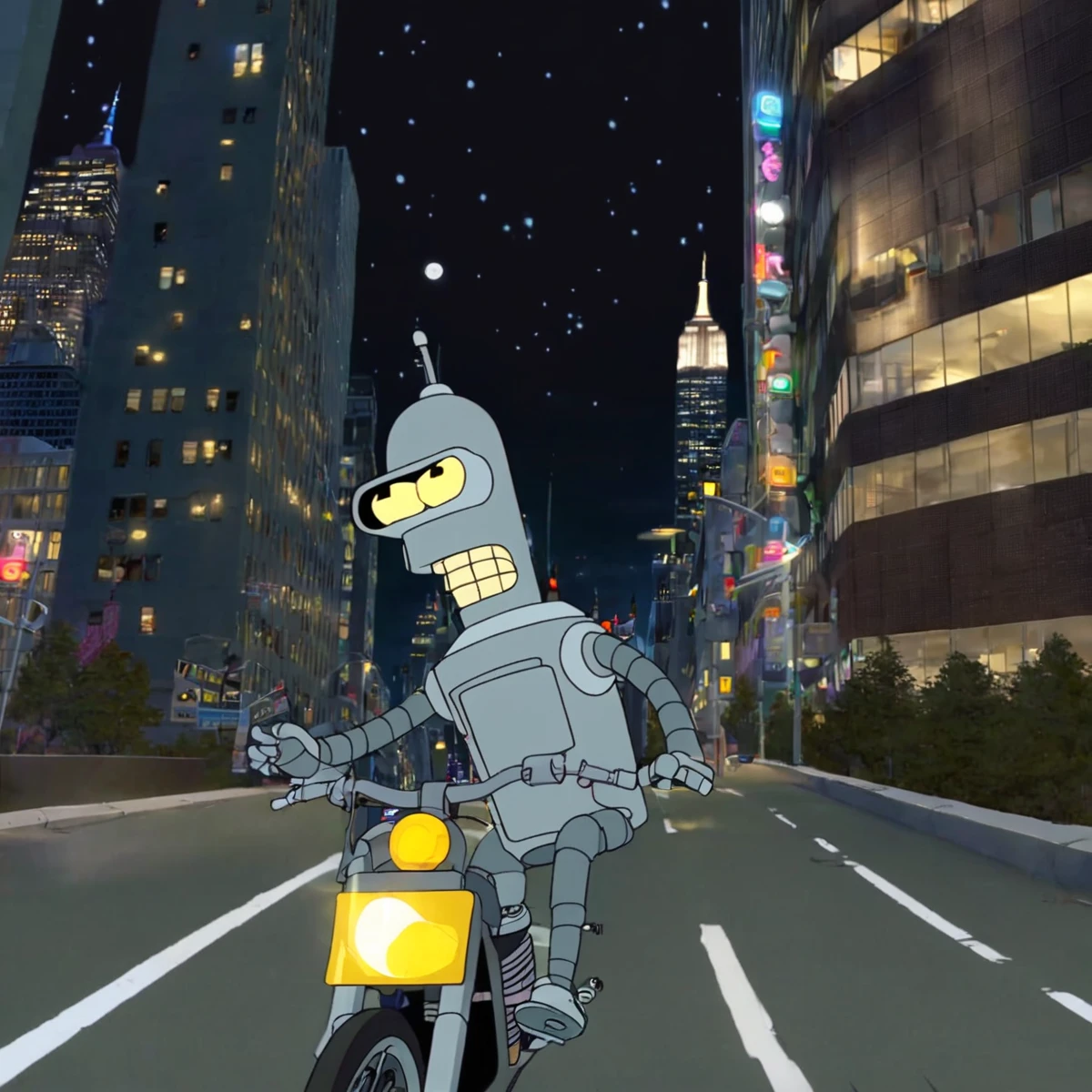 Bender riding on Motorcycle cross road in New York City at Midnight 