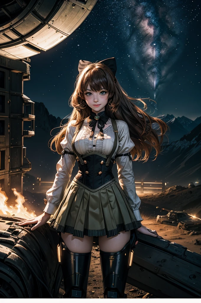 cowboy shot, (dynamic pose), smile,  underbust, Penny Polendina, long hair, neck ribbon, suspender skirt, corset, black bow, white blouse, mechanical legs, neon trim, standing with crowd in city ruins on hill, overlooking valley, BREAK night, stars, moon, snow, BREAK mountains in background, waterfall, vehicle wreck, , (crowd in military uniform), bonfires, post-apocalypse, dystopian future, (volumetric lighting), intricate details, tonemapping, sharp focus, hyper detailed

