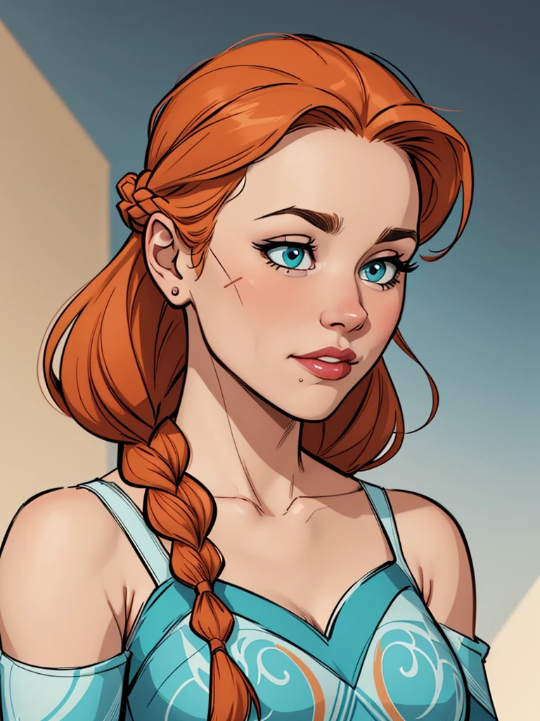 Compensation! Here is the revised and cleaner text:
--- Character: Queen Anna of Arendelle with battle scars.
Description: Cartoon image of a woman. Cartoon style illustration, with highly detailed character design. detailed digital art, showing courage and high quality portrait.
characteristics:
- Portrait character design - Beautiful digital illustration - Comic art - Young girl with braided hair - Beautiful lined eyes - Medium-large bust and wonderful sexy clothes - Expression of sexual desire from waist to head ---
