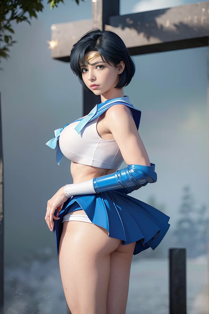 Highest quality，masterpiece，Ultra-high resolution, Very detailed, 8K，(Beautiful woman)，一人のBeautiful woman，((Crucifixion))，(cross)，(execution)，((incontinence))，Scared，torture，slave，((crossにCrucifixionにされた女性：1.5)),Crucifixion刑，(Sailor Mercury), (Sailor Mercuryのコスチューム, skirt, )