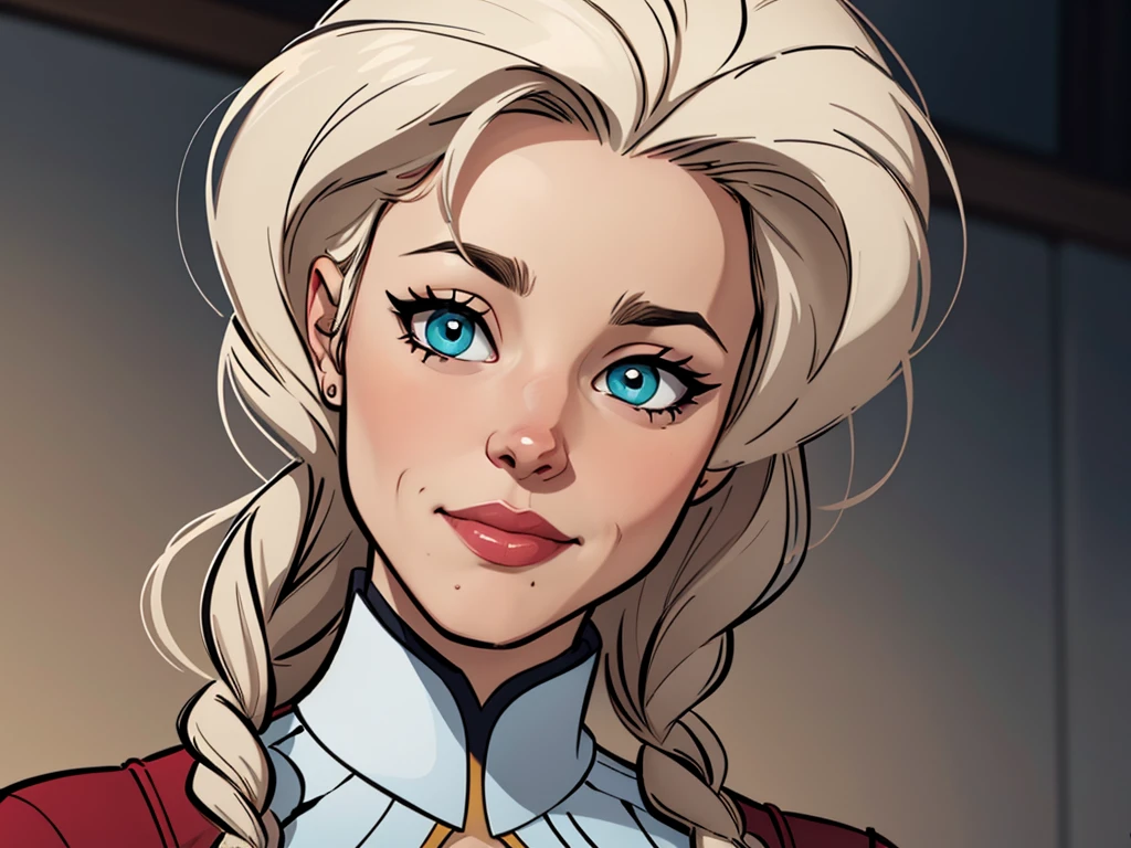 Compensation! Here is the revised and cleaner text:
--- Character: Queen Anna of Arendelle with battle scars.
Description: Cartoon image of a woman. Cartoon style illustration, with highly detailed character design. detailed digital art, showing courage and high quality portrait.
characteristics:
- Portrait character design - Beautiful digital illustration - Comic art - Young girl with braided hair - Beautiful lined eyes - Medium-large bust and wonderful sexy clothes - Expression of sexual desire from waist to head ---