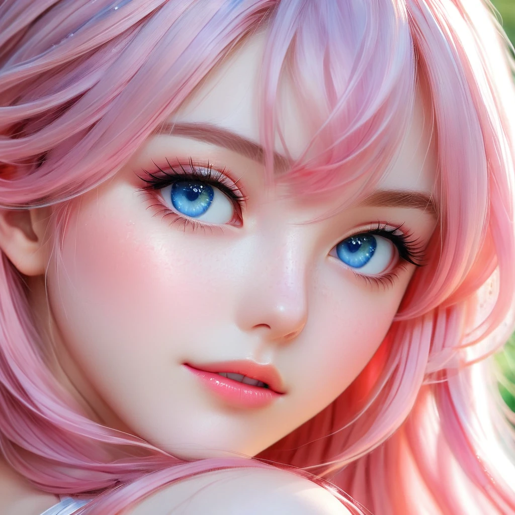 A hyper-realistic close-up portrait of an anime girl with striking blue eyes and long, flowing pink hair. She has a delicate, ethereal beauty with soft, rosy cheeks and subtle freckles. The background is softly blurred, adding to the dreamy and magical atmosphere. The girl's expression is calm and serene, capturing a sense of gentle wonder. Photo realistic, photo, vibrant colors, 16k