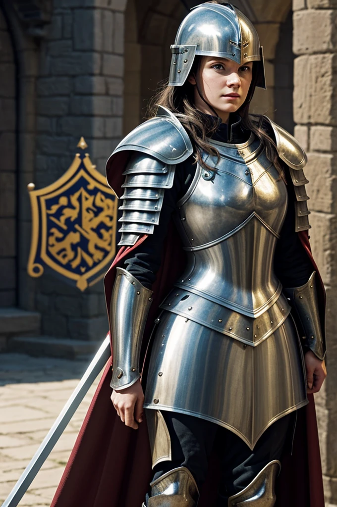 Generate an image of a female knight based on literature. She must be dressed in full medieval armor, including helmet, and carry a sword or a spear. Your appearance should reflect nobility, bravery and strength, with details like a heraldic emblem on your shield or cape in Pixar style 