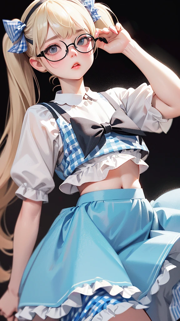 Highest quality、masterpiece、Realistic、Perfect Anatomy,One Girl,Ash Blonde Hair、Very short stature,Lolita、zoom、cute、Grey Eyes、、Twin tails、Glasses、White T-shirt、(Gingham Check Culottes Skirt:1.37),belly button,blank,Black light