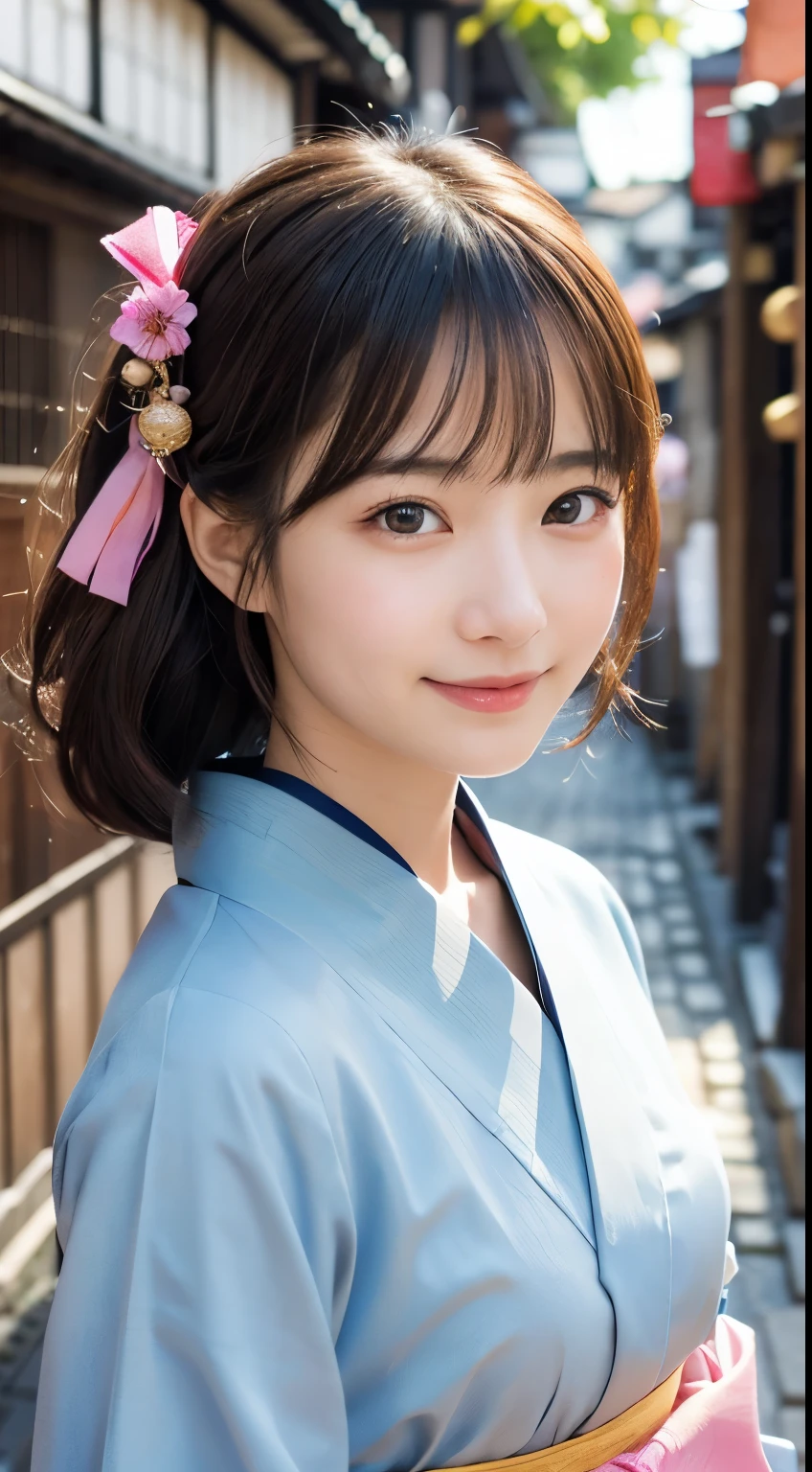 Professional Lighting,(Realistic:1.4), (Top image quality:1.0), (超High resolution:1.0), 8K, Raw photography, (masterpiece:0.2), (Dealing with the Children_v1:0.5)、(最高quality Detail:1.2)、Realistic、8K Ultra HD、High resolution、(1 Girl:1.2)、超detailedな、High quality textures、複雑なdetailed、detailed、Very detailed CG、High quality shadows、detailed 美しく繊細な顔、Beautiful details and a delicate eye、(Symmetrical eyes:1.2),Written boundary depth、Ray Tracing,1 Girl, Japanese Girls, (Natural smile:1.4),cute, thin, Portrait of a beautiful Japanese woman in a kimono, Standing elegantly on a street corner in Kyoto. Kimono with vibrant traditional patterns, Hair decorated with elegant and delicate hairpins, Gentle expression. (With the old streets of Kyoto in the background:1.4)、The soft light of a spring afternoon、Adding tranquility to the scene. Rendered in a Realistic style with great attention to detail, High resolutionの画像.Sky Porn, Magic Hour, (Realistic:1.3), finely, quality, (Tabletop:1.2), (Realistic:1.2), (最高quality), (複雑なdetailed), dramatic, Ray Tracing, photograph, +roller