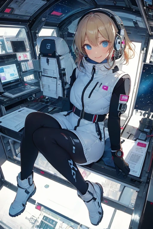 masterpiece, highest quality, high resolution, breasts, 20yo,1 girl,(solo):2,,blonde hair,(inside space station):2,flying:2,floatong:2,zero gravity,wind:1.5,anime lovelive style,

BREAK
headphone,(futurstic tight-fit bodysuit):2,(shiny silver long downvest):100,(northface silver metallic puffy downvest):2,(puffy):2,(black sleeves):5,(black tights):2,(black belt),futuristic boots and gloves,(smartwatch):100,astrovest
BREAK
1 girls, sitting in spacecraft cabin with 4-point seat belt, securely fastened, space station interior, looking out of large windows at Earth below, beautiful eyes, she have aluminum foil pouch,(aluminum foil pouch with plastic viewing window):2, contains nutritious liquid or puree together, smiling and chatting, bright and cheerful expressions, high quality cinematic lighting, detailed textures, sharp focus,blue hair,blue eyes,
