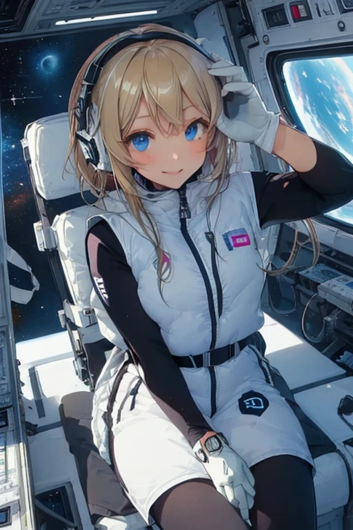 masterpiece, highest quality, high resolution, breasts, 20yo,1 girl,(solo):2,,blonde hair,(inside space station):2,flying:2,floatong:2,zero gravity,wind:1.5,anime lovelive style,

BREAK
headphone,(futurstic tight-fit bodysuit):2,(shiny silver long downvest):100,(northface silver metallic puffy downvest):2,(puffy):2,(black sleeves):5,(black tights):2,(black belt),futuristic boots and gloves,(smartwatch):100,astrovest
BREAK
1 girls, sitting in spacecraft cabin with 4-point seat belt, securely fastened, space station interior, looking out of large windows at Earth below, beautiful eyes, she have aluminum foil pouch,(aluminum foil pouch with plastic viewing window):2, contains nutritious liquid or puree together, smiling and chatting, bright and cheerful expressions, high quality cinematic lighting, detailed textures, sharp focus,blue hair,blue eyes,
