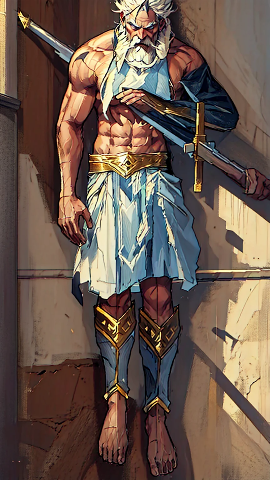 Zeus barricaded against a wall, sword through his chest