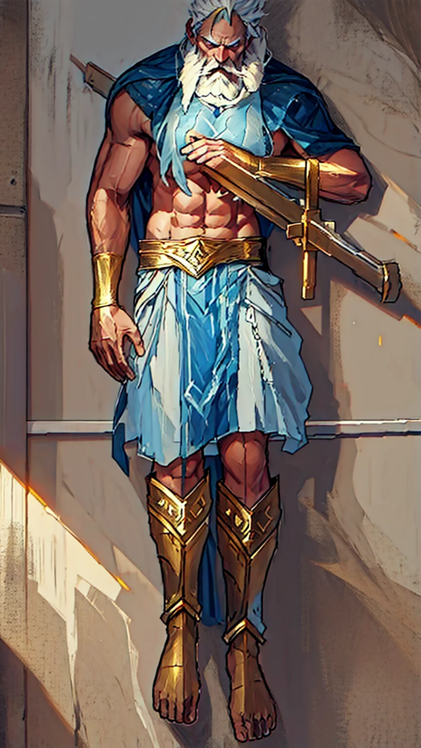 Zeus barricaded against a wall, sword through his chest