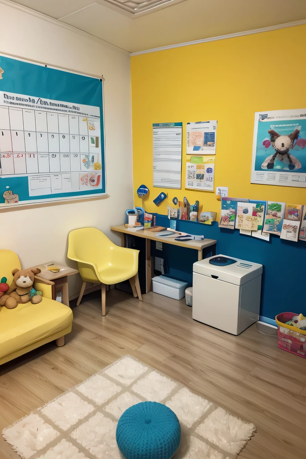 Imagine a welcoming and comfortable medical consultation room. In the center of the room, there is a child accompanied by his parents. The  is engaged in a preferred activity, like stacking colored blocks or flipping through a picture book. Around the room, there are diverse and stimulating toys, like stuffed animals, puzzles and sensory toys. on the wall, a colorful, educational calendar displays vibrant images of animals and shapes. The doctor or psychologist , with a warm smile and gentle expression, is closely observing the child’s interaction with their parents and toys. The environment is calm and pressure-free, allowing the  to feel comfortable and safe during the assessment process to identify autism traits. The emphasis is on careful observation of the child&#39;s behavior, your responses to social interactions and sensory stimuli, providing an environment conducive to accurate and respectful diagnosis.