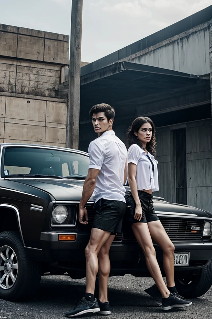 Believe me, an image with two zombies, one with a white shirt and black shorts and the other with a blue shirt and black shorts ABOVE A BLACK CAR