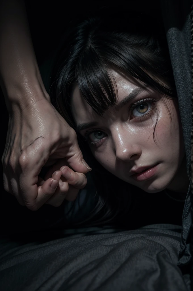 a terrifying monster with glowing eyes under a bed, reaching out a decaying hand, ultra-detailed, horror, dark, RL-01 lens, hyperrealistic, dramatic lighting, cinematic, chiaroscuro, moody, unsettling, sinister, nightmarish, gritty, realistic, photorealistic, high contrast, deep shadows, cold color palette, eerie atmosphere, intense realism, unsettling presence