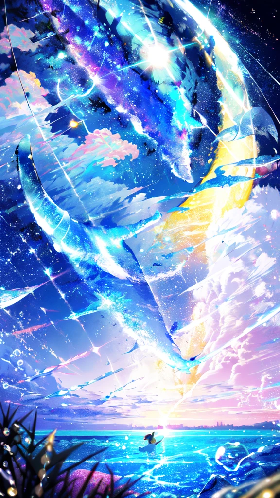 -scenery, 1girl, sky, Star (sky), Highest Resolution、whale, night, solo,Fine starry sky、 city lights, Starry sky, Fine bubbles、night sky, bubble, moon, watercraft, outdoors, short hair, ocean, cloud,coloured glaze,