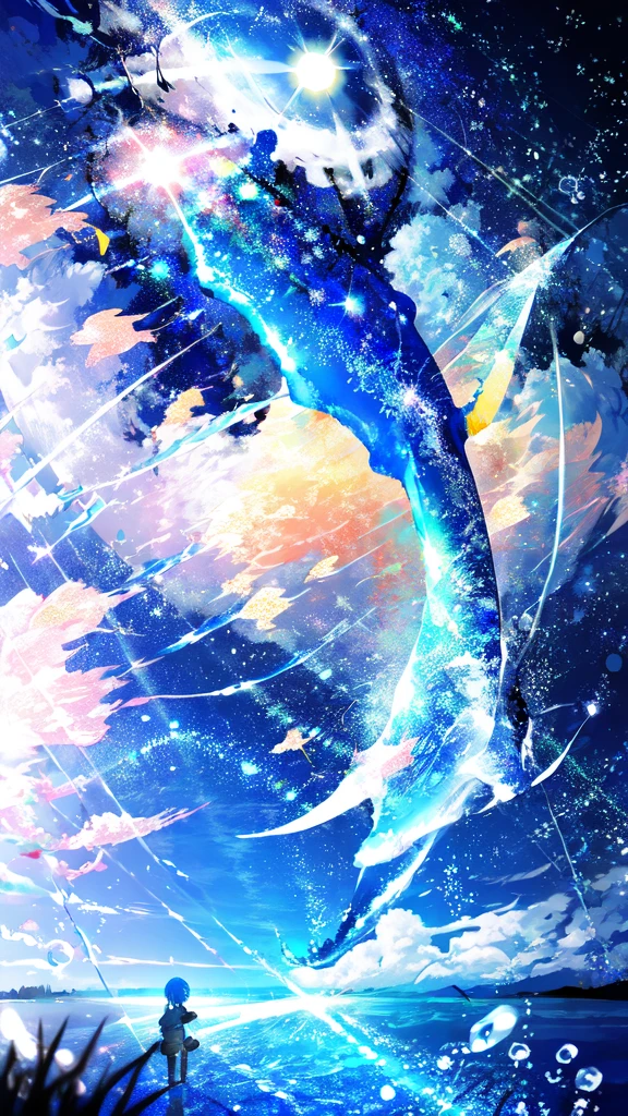 -scenery, 1girl, sky, Star (sky), Highest Resolution、whale, night, solo,Fine starry sky、 city lights, Starry sky, Fine bubbles、night sky, bubble, moon, watercraft, outdoors, short hair, ocean, cloud,coloured glaze,