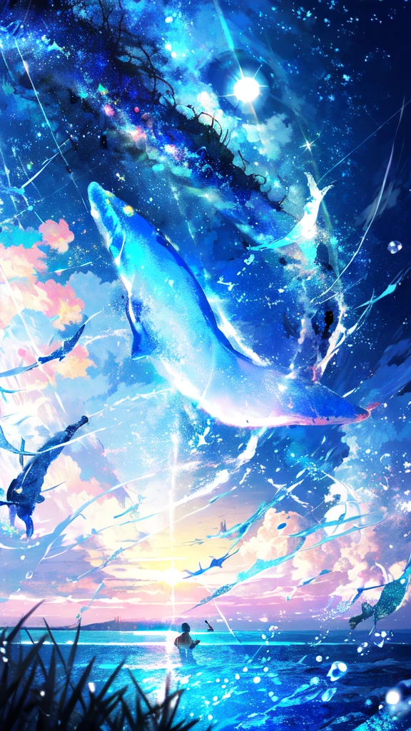 -scenery, 1girl, sky, Star (sky), Highest Resolution、whale, night, solo,Fine starry sky、 city lights, Starry sky, Fine bubbles、night sky, bubble, moon, watercraft, outdoors, short hair, ocean, cloud,coloured glaze,
