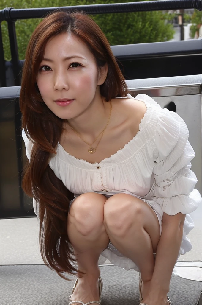 NSFW, ((Top Quality)), ((8K)), ((Masterpiece: 1.3)), (Perfect Appearance), (Photorealism: 1.6), (AIF), (woman squatting on the grass), (She's squatting down and showing me her panties: 1.6), japanese woman, (58 years old), ((Realistic skin texture 1.8)), (Fine wrinkles throughout the skin: 1.3), (Dull skin: 1.1), (Skin without moisture: 1.2) , (Wrinkles on the face: 0.9), (Wrinkles on the corners of the eyes: 1.2), Double eyelids, tear bags on the lower eyelids, (Crying moles: 0.9), The eyes are looking here, serious gaze, (Dimples: 1.2), The gaze is looking diagonally upward to the right., long hair, soft fabric blouse, wide sleeves, Cuffs that fit your wrist, (The hem of the blouse is tucked into the skirt: 1.2), flare skirt, lifting up the skirt, (open legs), high heels, (panties), (pantyshot: 1.2), squatting, (underwear), (white panties: 1.0), (spread legs: 1.2), (whole body),