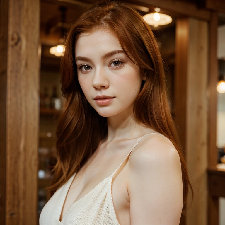Pale skin Eurasian woman with ginger hair with brown eyes