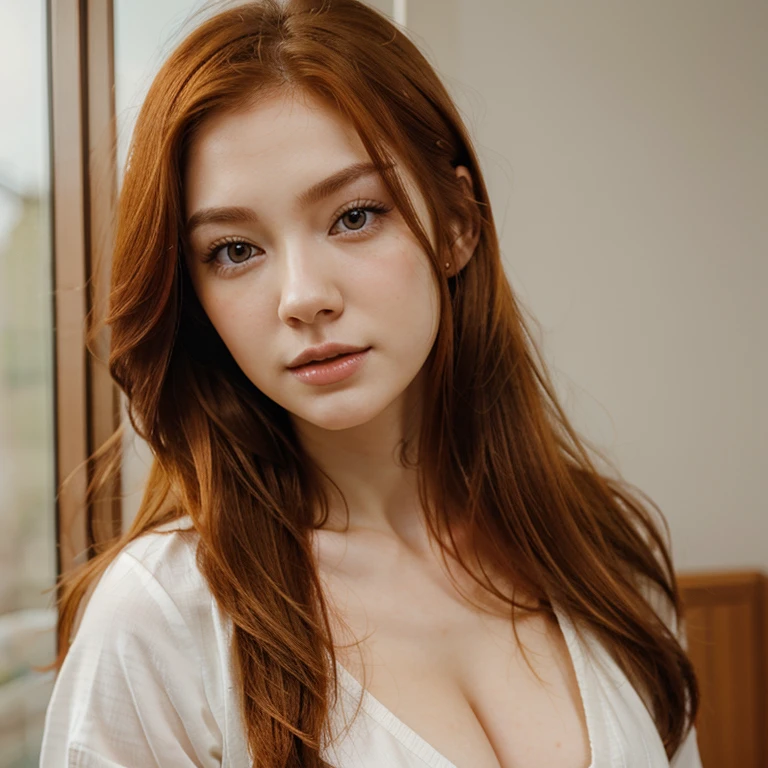 Pale skin Eurasian woman with ginger hair with brown eyes