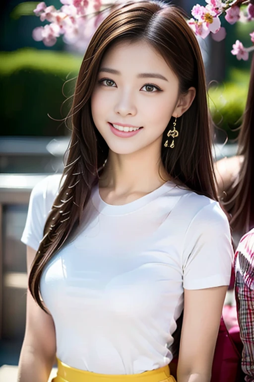 (a gorgeous lady, 22, wearing tight white T-shirt & yellow mini-skirt at the Cherry Blossom festival, Prognathism Jaw, dimpled smile, friendly expression, cute snaggle-tooth, faux bob retro hairstyle, beautiful detailed face, beautiful detailed eyes, ample round bosom, photorealistic, hyper-realism, high contrast, ultra HD, realistic skin textures, top image quality, top-quality, super high resolution, fine details, very meticulously, masterpiece, head to thigh, the Cowboy shot, fantasy romantic atmosphere, bokeh background)