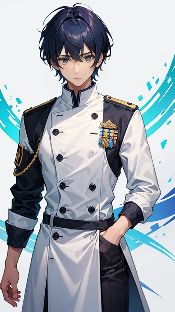 1 male, beautiful character, short dark blue hair, gray eyes, white medical uniform, white background, whole body, stand