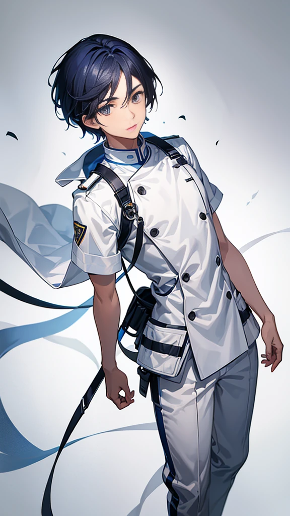 1 male, beautiful character, short dark blue hair, gray eyes, white medical uniform, white background, whole body, stand