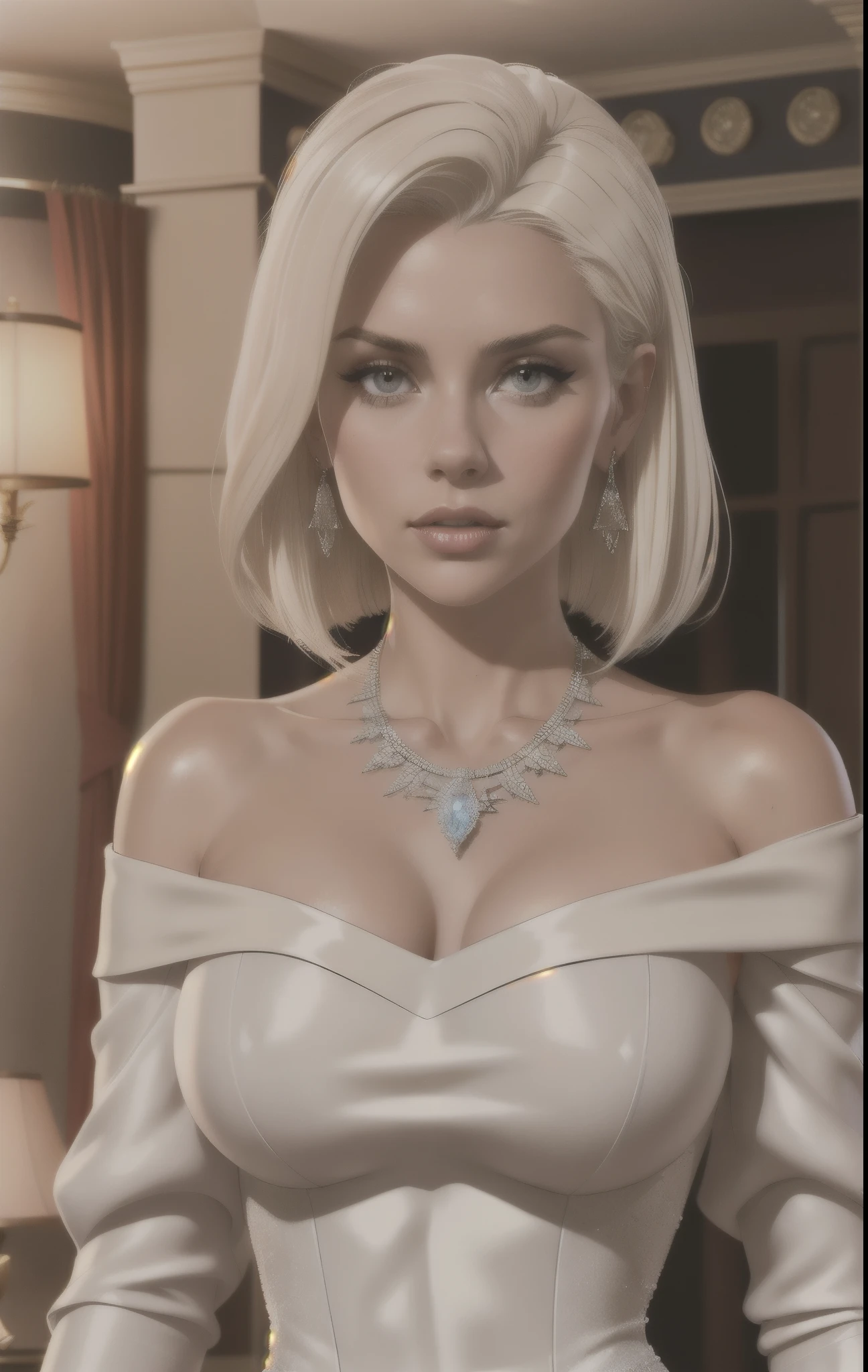 A slender beautiful woman in ballroom, she wears a tight off-the-shoulder white short dress that fits snugly to her body, ((large_breasts)), collarbone, long sleeves, (photorealistic:1.2) (best quality) (intricate details) (8K) (High Poly) (ray tracing) (cinema lighting) (sharp focus) (detailed face), jewelry, necklace, wedding dress, garter, bracelet, earrings, realistic skin textures, (she is 25 years old), [Victoria Beckham], [[Kate Beckinsale]], [Jenna Coleman], ((platinum blonde))
