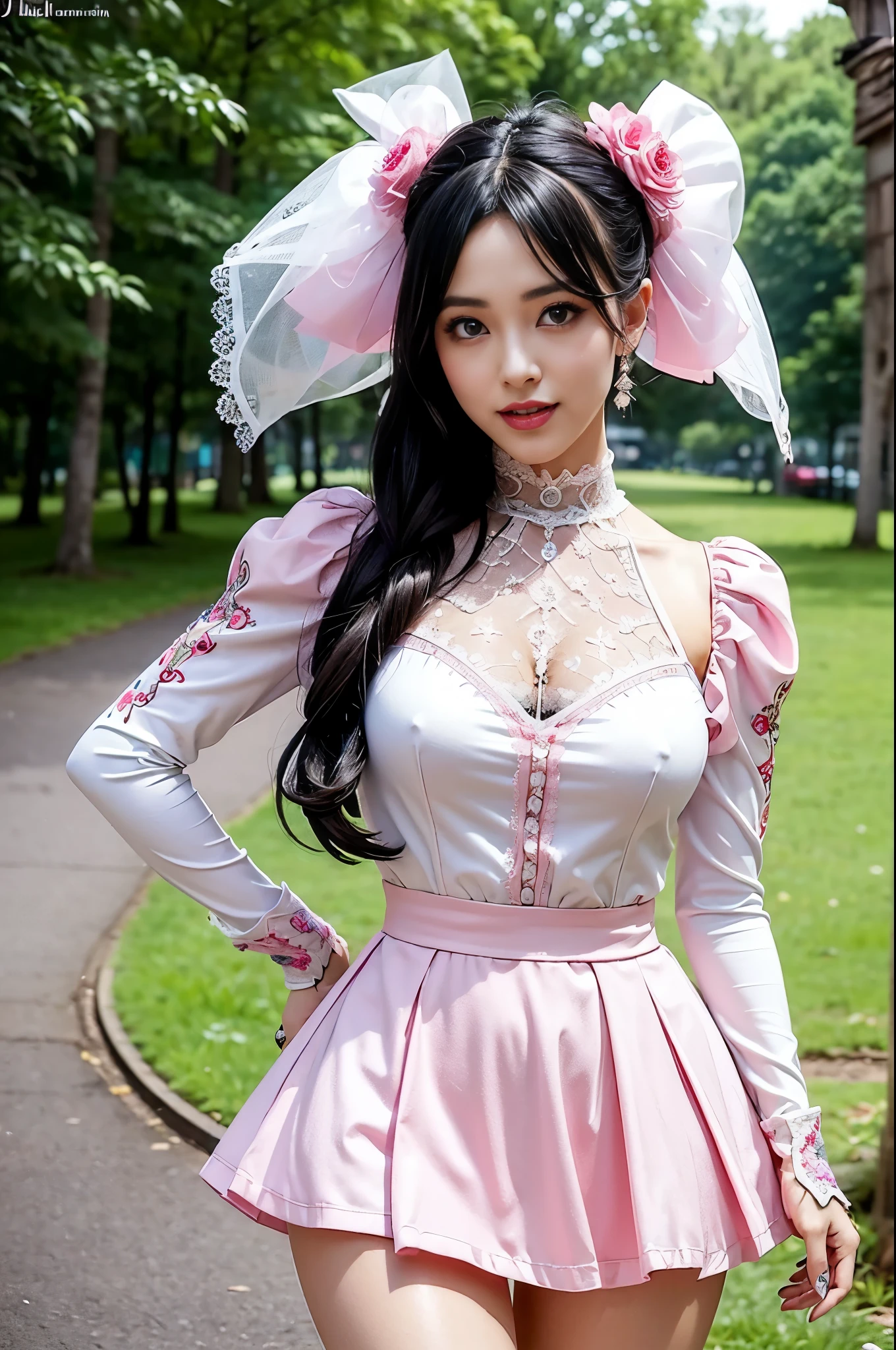 (nsfw), sexy stylish Swedish model, only 1 female, ((doll-like appearance)), short neon pink stylish hair, ((shiny Victorian-Style boots)), (big smile), ultra detailed eyes, vivid eye makeup, lip-gloss, long lashes, defined eyebrows, ((sexy Paradise Kiss cosplay)), bell-shaped skirt, petticoats, high neckline, puffed sleeves, ((ultra detailed lace)), ((ultra detailed embroidery)), intricate details, Paradise Kiss accessoires and matching headpiece, choker, ((large sparkling Paradise Kiss jewelry)), cinematic light, detailed large park background with trees