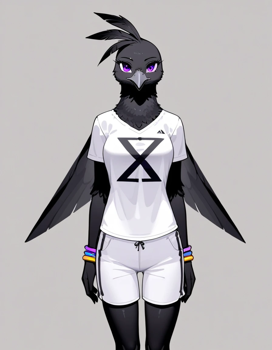 2d art, furry art, an Anthropomorphic avian crow girl, female, black birds crest on head, small grey beak, tall,  black arms and legs, black body, wingless, no wings, standing, white background, purple eyes, humanoid body, humanoid arms, hands with five fingers, wearing white shirt, white shorts, silver bracelets, 