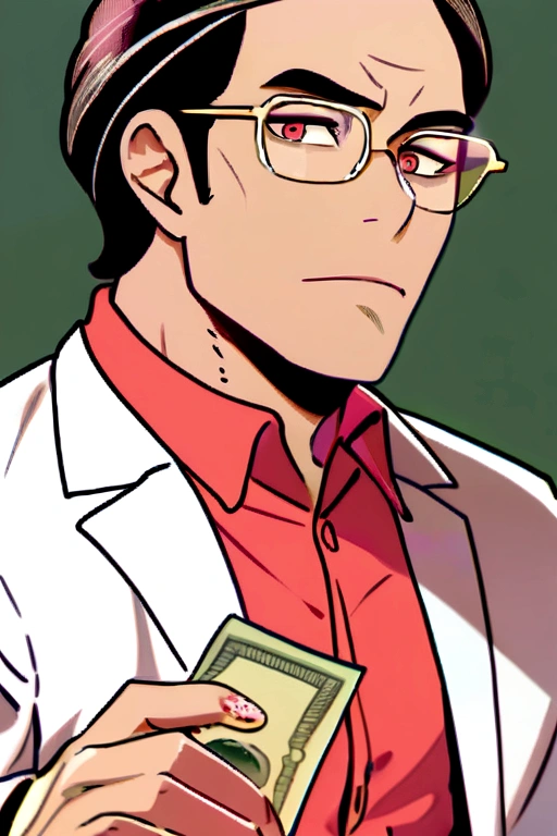 Rich guy with a bad face with money in his hand and a letter r on his shirt