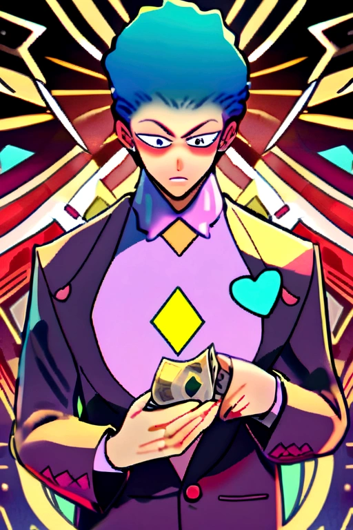 Rich guy with a bad face with money in his hand and a letter r on his shirt