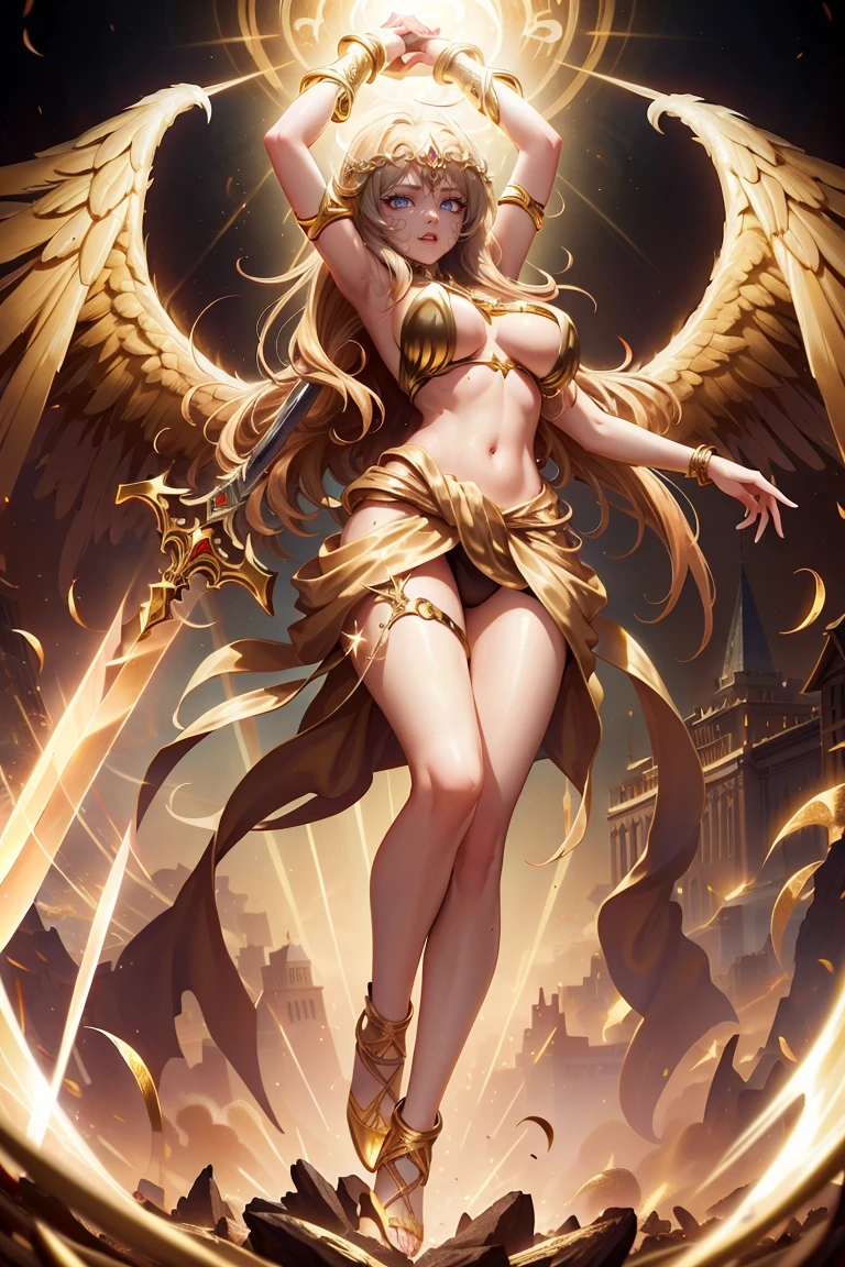 golden angel goddess with wings, blondie hair, perfect hands, golden shine, fictional figure body hands on waist, sexy movement pose, holding a sacred sword with both hands