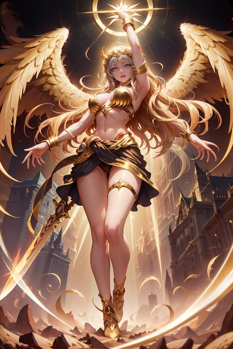 golden angel goddess with wings, blondie hair, perfect hands, golden shine, fictional figure body hands on waist, sexy movement pose, holding a sacred sword with both hands