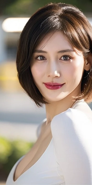 (Highest quality:1.4),(Shiny skin), Body Focus, (cute 顔), (((Highest quality))), figure, ((beautiful Finger)), , beautiful body, beautiful顔 ,Perfect lighting, colorful, Light brown hair、 超High resolution, High resolution, Absurd:1.2, Bokeh:1.2, Lens flare, (Vibrant_color:1.2), (beautiful, Huge breasts:1.4), ((Tight clothing that shows your body lines)), Cleavage, Detailed face、(((Detailed eyes)))、Accurate line of sight、Realistic facial wrinkles、
black eye, smile, short hair, 40 years old、Red lips、