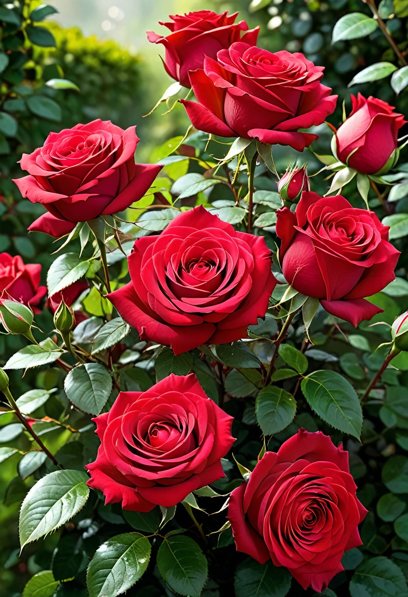 Red roses shine in the sunlight, its velvety, silky petals open in an exuberant display of beauty and passion. The delicate floral scent fills the air, inviting you to an intimate contemplation of its sublime elegance. Each rose is an eloquent declaration of love, a symbol of romance and desire that awakens the senses and touches the heart. Your pimples, as a reminder of the fragility of life, contrast with the grandeur of its flowering, reminding us of the need for care and attention when growing something so precious. Juntas, these red roses form a vivid picture, a celebration of the beauty and power of nature in its most sublime form.