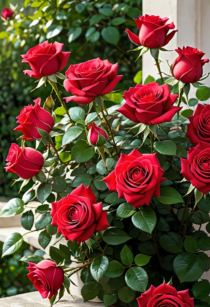 Red roses shine in the sunlight, its velvety, silky petals open in an exuberant display of beauty and passion. The delicate floral scent fills the air, inviting you to an intimate contemplation of its sublime elegance. Each rose is an eloquent declaration of love, a symbol of romance and desire that awakens the senses and touches the heart. Your pimples, as a reminder of the fragility of life, contrast with the grandeur of its flowering, reminding us of the need for care and attention when growing something so precious. Juntas, these red roses form a vivid picture, a celebration of the beauty and power of nature in its most sublime form.