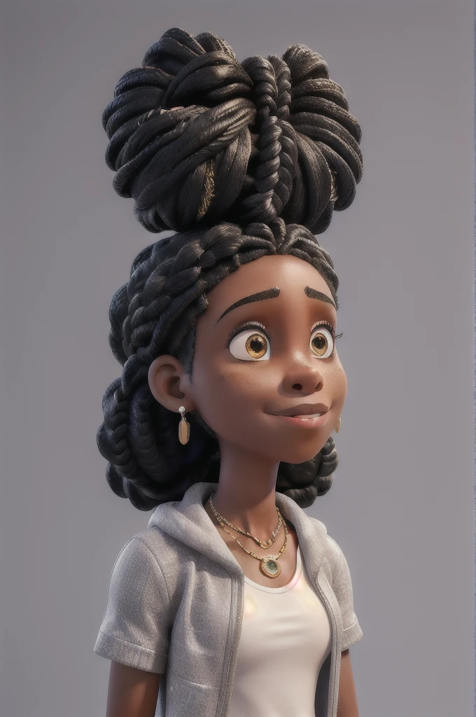 Make a -yeld bl woman with braided hair tied in two buns with highlights on her face, ela usa piercing, silver earring and a silver heart necklace, is wearing a gold coat and a white tank top underneath