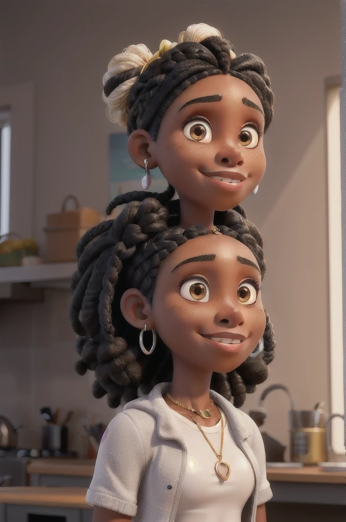 Make a 17-year-old black woman with braided hair tied in two buns with highlights on her face, ela usa piercing, silver earring and a silver heart necklace, is wearing a gold coat and a white tank top underneath