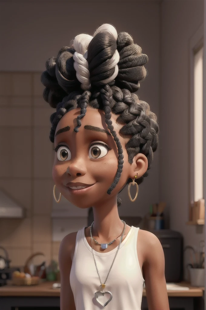 Make a -yeld bl woman with braided hair tied in two buns with highlights on her face, ela usa piercing, silver earring and a silver heart necklace, is wearing a gold coat and a white tank top underneath 