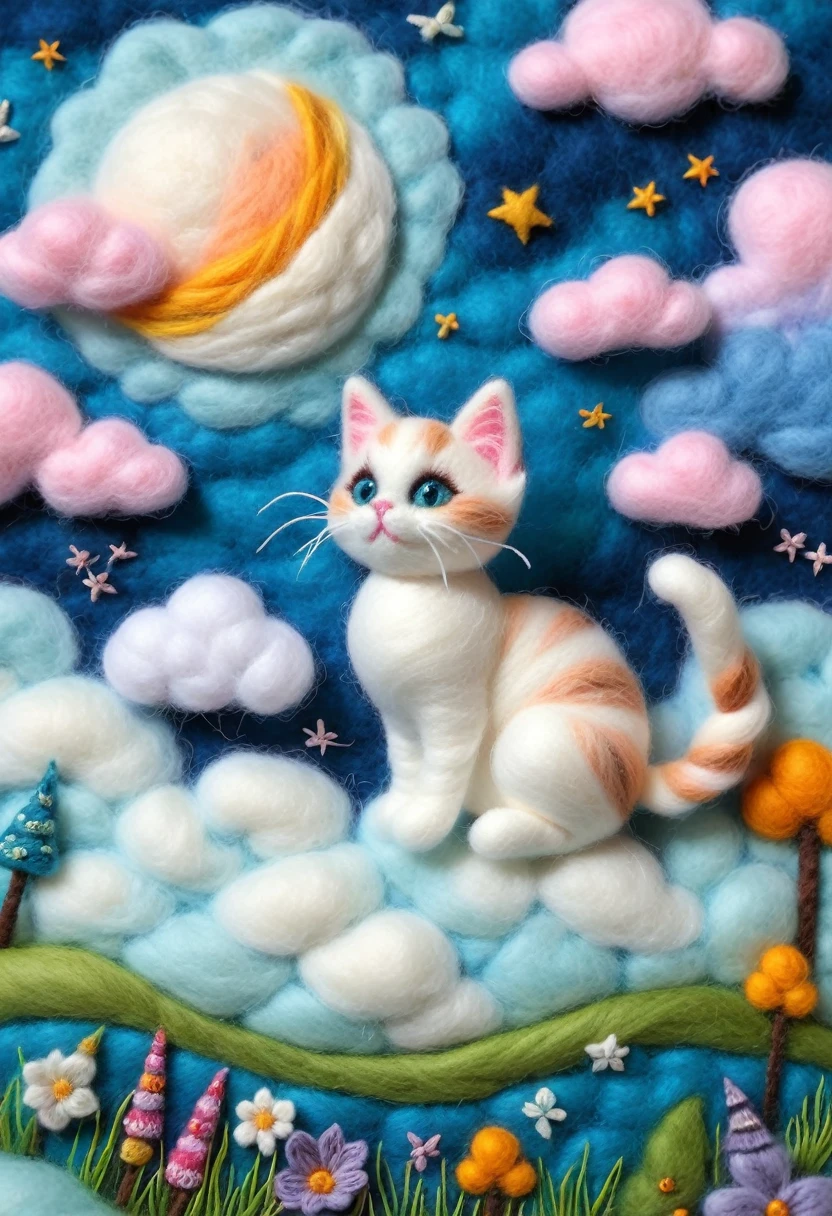 Artwork made of felt stitched onto felt canvas, Needle felt art: 1.5, Wool felt art: 1.5, Kitten masterpiece, fairyland, floating kitten, fluffy clouds, furry cat, innocent and playful furry cat, dreamy space, intricate details, high detail, high quality, master piece,