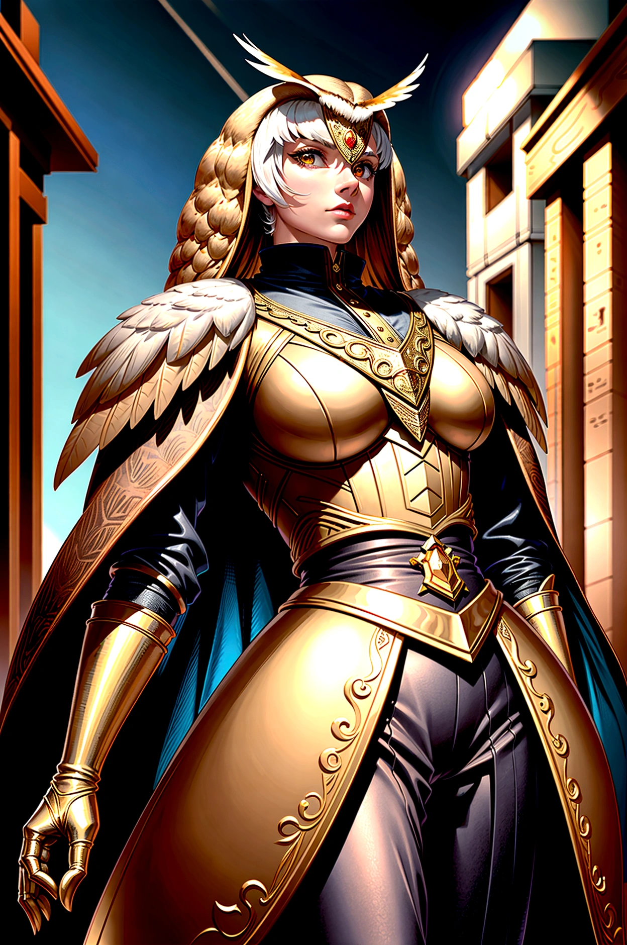 A masculine, towering and heavily toned yet ever so strikingly beautiful and graceful masculine (avian (barn owl+) furry+) soldier wearing an armor plated trench coat, from the waist up portrait, extreme detail, exceptional masterpiece, exquisite design, geometric artdeco, brilliant bright gold eyes, elegant military officer cap, soft feminine yet angular face, flat masculine chest, intricate and complex, masterfully crafted, graceful, elegant scifi, Gothic advanced scifi art, depth of field, ray tracing, reflection light, bloom, UHD, accurate, super detail, high quality, award winning, highres, HD, 8k