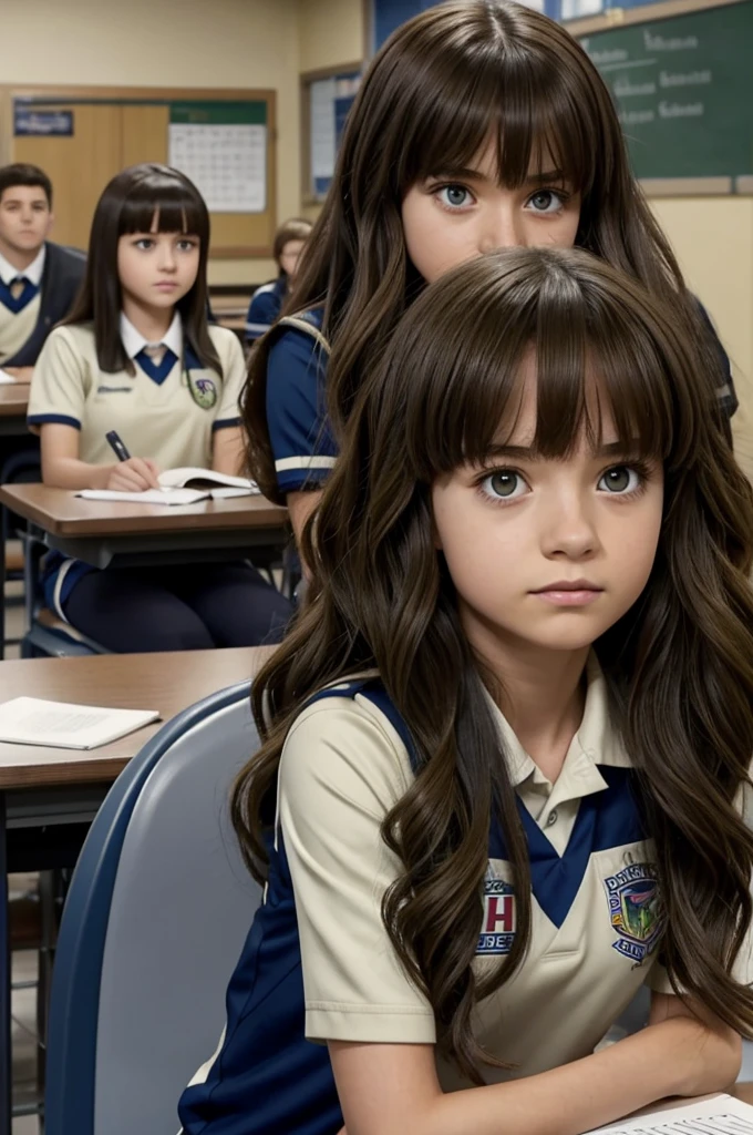 Screenshot of my hero academia. Girl with long brown wavy hair, with bangs. He has green eyes and has a slightly serious expression.. She is wearing the UA uniform and in the background she has a UA school class and she is sitting at a table