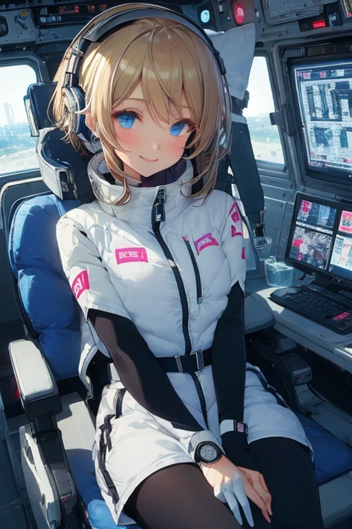 masterpiece, highest quality, high resolution, breasts, 20yo,1 girl,(solo):2,,blonde hair,(inside space station):2,flying:2,floatong:2,zero gravity,wind:1.5,anime lovelive style,

BREAK
headphone,(futurstic tight-fit bodysuit):2,(shiny silver long downvest):100,(northface silver metallic puffy downvest):2,(puffy):2,(black sleeves):5,(black tights):2,(black belt),futuristic boots and gloves,(smartwatch):100,astrovest
BREAK
1 girls, sitting in spacecraft cabin with 4-point seat belt, securely fastened, space station interior, looking out of large windows at Earth below, beautiful eyes, she have aluminum foil pouch,(aluminum foil pouch with plastic viewing window):2, contains nutritious liquid or puree together, smiling and chatting, bright and cheerful expressions, high quality cinematic lighting, detailed textures, sharp focus,blue hair,blue eyes,
