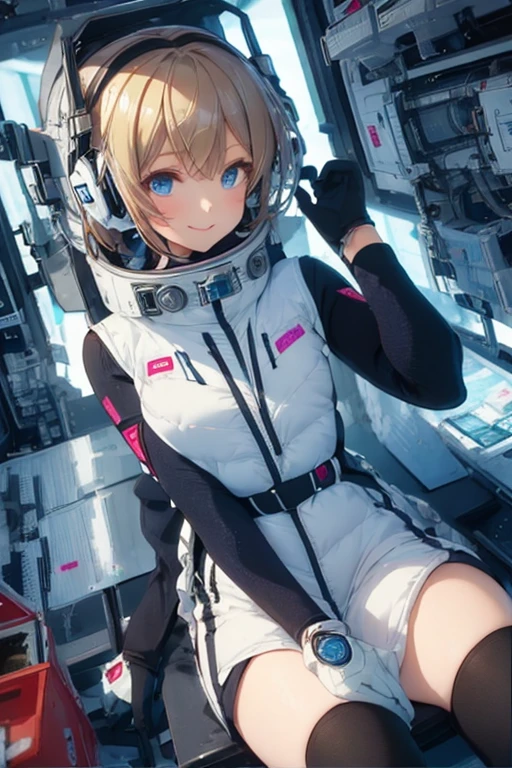 masterpiece, highest quality, high resolution, breasts, 20yo,1 girl,(solo):2,,blonde hair,(inside space station):2,flying:2,floatong:2,zero gravity,wind:1.5,anime lovelive style,
BREAK
headphone,(futurstic tight-fit bodysuit):2,(shiny silver long downvest):100,(northface silver metallic puffy downvest):2,(puffy):2,(black sleeves):5,(black tights):2,(black belt),futuristic boots and gloves,(smartwatch):100,astrovest
BREAK
1 girls, sitting in spacecraft cabin with 4-point seat belt, securely fastened, space station interior, looking out of large windows at Earth below, beautiful eyes, she have aluminum foil pouch,(aluminum foil pouch with plastic viewing window):2, contains nutritious liquid or puree together, smiling and chatting, bright and cheerful expressions, high quality cinematic lighting, detailed textures, sharp focus,blue hair,blue eyes,
