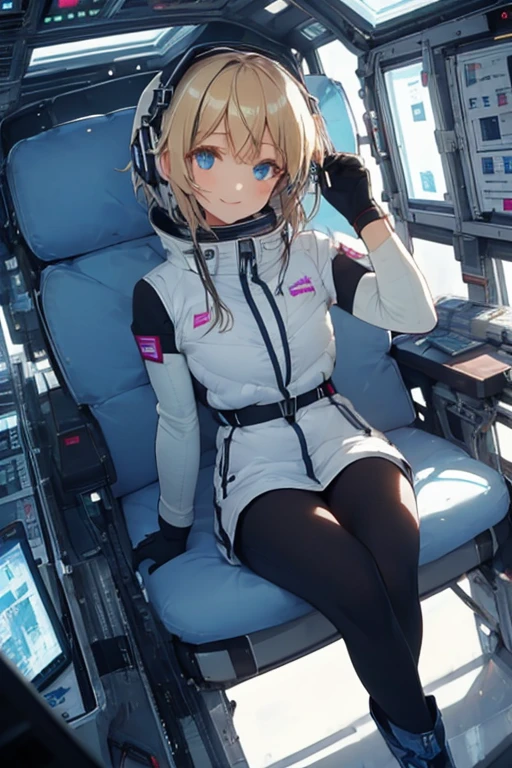 masterpiece, highest quality, high resolution, breasts, 20yo,1 girl,(solo):2,,blonde hair,(inside space station):2,flying:2,floatong:2,zero gravity,wind:1.5,anime lovelive style,

BREAK
headphone,(futurstic tight-fit bodysuit):2,(shiny silver long downvest):100,(northface silver metallic puffy downvest):2,(puffy):2,(black sleeves):5,(black tights):2,(black belt),futuristic boots and gloves,(smartwatch):100,astrovest
BREAK
1 girls, sitting in spacecraft cabin with 4-point seat belt, securely fastened, space station interior, looking out of large windows at Earth below, beautiful eyes, she have aluminum foil pouch,(aluminum foil pouch with plastic viewing window):2, contains nutritious liquid or puree together, smiling and chatting, bright and cheerful expressions, high quality cinematic lighting, detailed textures, sharp focus,blue hair,blue eyes,
