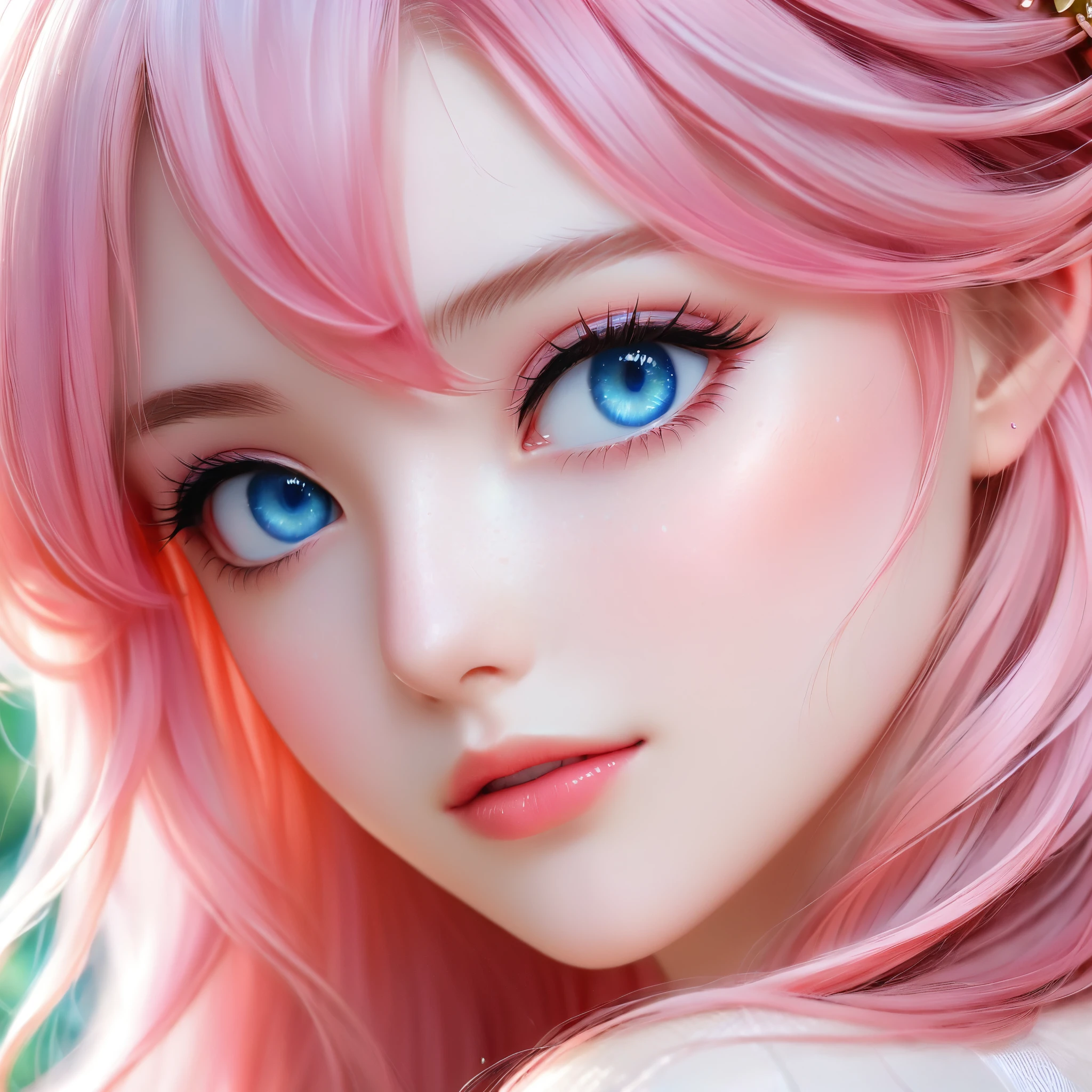 A hyper-realistic close-up portrait of an anime girl with striking blue eyes and long, flowing pink hair. She has a delicate, ethereal beauty with soft, rosy cheeks and subtle freckles. The background is softly blurred, adding to the dreamy and magical atmosphere. The girl's expression is calm and serene, capturing a sense of gentle wonder. Photo realistic, photo, vibrant colors, 16k