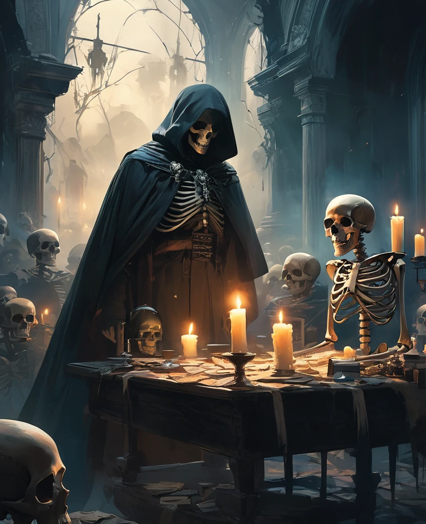 (((Tarot cards scattered in the air))),Divination,Glowing crystal ball,This picture presents a mysterious and eerie scene。The protagonist in the painting is a skeleton wearing a black cloak,It sits at a table,Holding a lit candle,Smoke all around。Skull head wearing a pair of glasses,Adds a touch of intellectual temperament to the whole image。
first,From the details,The image of the skull is very detailed.,From the outline of the bones to the texture of the cape, everything is clearly visible。The candle flame flickers in the darkness,Adds a touch of warmth to the whole scene。Smoke filled the air,Makes the whole picture more hazy and mysterious。
Secondly,From the perspective of color and light and shadow processing,The image uses dark tones,Highlights the mysterious and eerie atmosphere。The flame and candle light become the focus of the picture,Contrasts with other dark tones。This contrast makes the picture more layered.,At the same time, the visual effects are also enhanced。
at last,Judging from the atmosphere of the whole scene,This picture gives people a mysterious and weird feeling。The image of the skull and the surrounding atmosphere are full of unknown and mysterious feelings.,It makes people want to explore the secrets。at the same time,This atmosphere also brings people a tense and fearful emotional experience.。
In summary,This picture is carefully depicted、Unique color and light and shadow processing as well as the creation of a mysterious and strange atmosphere,Successfully conveys a mysterious and eerie feeling。