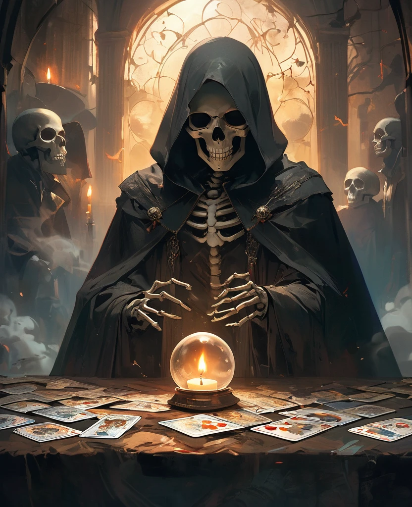 (((Tarot cards scattered in the air))),Divination,Glowing crystal ball,This picture presents a mysterious and eerie scene。The protagonist in the painting is a skeleton wearing a black cloak,It sits at a table,Holding a lit candle,Smoke all around。Skull head wearing a pair of glasses,Adds a touch of intellectual temperament to the whole image。
first,From the details,The image of the skull is very detailed.,From the outline of the bones to the texture of the cape, everything is clearly visible。The candle flame flickers in the darkness,Adds a touch of warmth to the whole scene。Smoke filled the air,Makes the whole picture more hazy and mysterious。
Secondly,From the perspective of color and light and shadow processing,The image uses dark tones,Highlights the mysterious and eerie atmosphere。The flame and candle light become the focus of the picture,Contrasts with other dark tones。This contrast makes the picture more layered.,At the same time, the visual effects are also enhanced。
at last,Judging from the atmosphere of the whole scene,This picture gives people a mysterious and weird feeling。The image of the skull and the surrounding atmosphere are full of unknown and mysterious feelings.,It makes people want to explore the secrets。at the same time,This atmosphere also brings people a tense and fearful emotional experience.。
In summary,This picture is carefully depicted、Unique color and light and shadow processing as well as the creation of a mysterious and strange atmosphere,Successfully conveys a mysterious and eerie feeling。